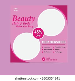Spa, beauty, massage social media post template design. Modern banner template with white background and flow shape and place for the photo. Suitable for social media, flyers, and websites