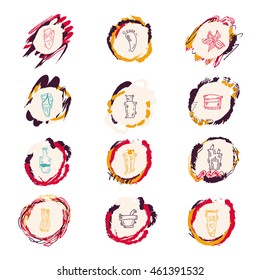 Spa & Beauty Outline web icon set for relax treatments. Symbol design with bottles, candles, cream, stones