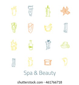 Spa & Beauty Outline web icon set for relax treatments. Symbol design with bottles, candles, cream, stones