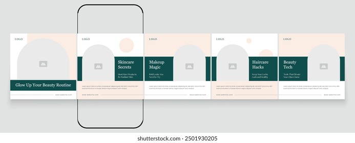 Spa beauty parlor carousel post template, creative beauty carousel template design, social media post content creator template for skincare and beauty