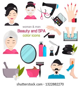 Spa and beauty salon color vector icons set. Flat design