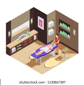 Spa beauty salon isometric composition with woman laying on bed with mask for face vector illustration