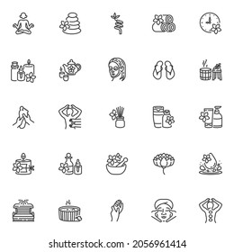 Spa and beauty salon line icons set. linear style symbols collection, outline signs pack. Spa treatments vector graphics. Set includes icons as massage therapy, zen stones, facial massage, meditation