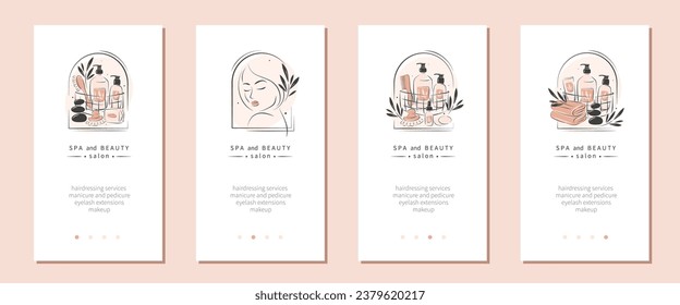 Spa and beauty salon logo set. Set of products for body and hair care, massage, aromatherapy. Vector illustration