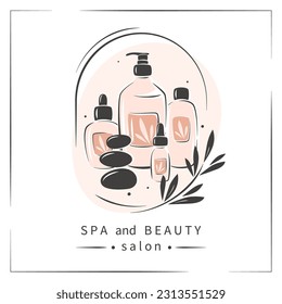 Spa and beauty salon. Set of products for body and hair care, massage. Beauty salon logo. Vector illustration