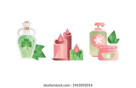 Spa and Beauty Salon Symbols Set, Burning Candles, Bottles of Essential Oil Vector Illustration