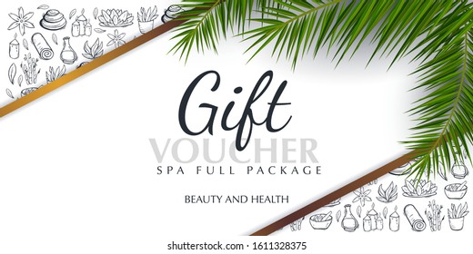 Spa Or Beauty Saloon Gift Voucher With Palm Leaves And Hand Draw Doodle Background