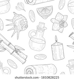 Spa and Beauty Seamless Pattern, Organic Natural Cosmetics and Accessories. Hand Drawn Design Element Can Be Used for Fabric, Wallpaper, Packaging, Web Page Vector Illustration