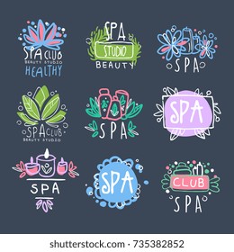 Spa beauty studio logo design set, badge for wellness, yoga center hand drawn vector Illustrations