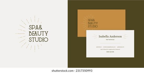 Spa and beauty studio. Vector outline illustration. Boho style. Text with sun ray symbol. Name and address, company name text placeholder on yellow and white. Design layout template for poster, card