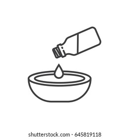 Spa beauty treatment. Bottle pouring aromatic oil in a glass bowl. Line icon.