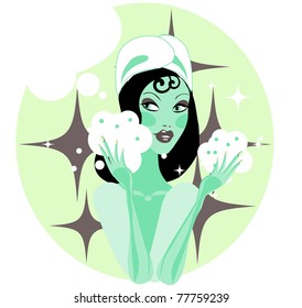Spa beauty treatment / Woman in bathroom cleaning face with foam