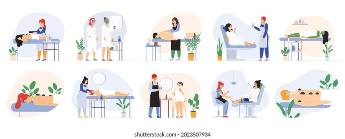 Spa beauty wellness massage salon procedure services. Wellness beauty salon workers and visitors vector illustration set. Massage, body wraps, facial treatment procedures, therapy for body