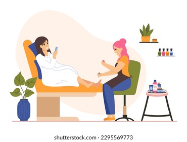 Spa beauty wellness massage salon. Nail technicians doing pedicure for female client. Woman having nail polish. Female character sitting on chair and having foot treatment vector illustration