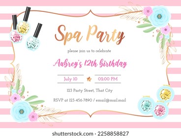 Spa birthday party invitation template. Beautiful pink striped background with golden frame, flowers and sparkling makeup products. Vector illustration 10 EPS.