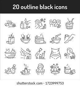 SPA black line icons set. Beauty treatment service. Pictogram for web page, mobile app, promo. UI UX GUI design element. Editable stroke