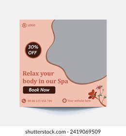 Spa y Body Beauty social media post arte vector, diseño sereno, perfecto para promover servicios de relajación y bienestar con imágenes tranquilas.