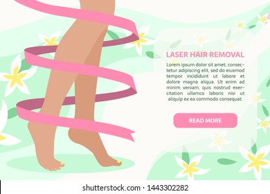 Spa, body care, epilation procedure, pedicure, laser hair removal, beauty procedure, photoepilation and electrolysis, legs without varicose veins. Perfect legs with ribbion on abstract background