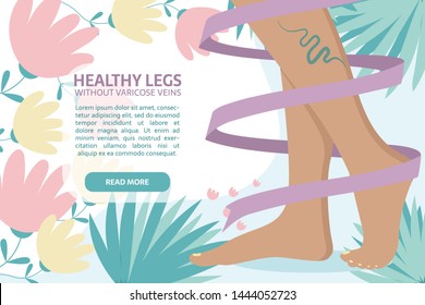 Spa, body care, epilation procedure, laser hair removal, beauty procedure. Legs with tired varicose veins with ribbon around on the abstract background with leaves and flowers.