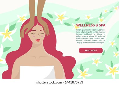 Spa, body care, massage wellness and health, natural beauty, summer resort banner concept. Woman chilling during facial care and massage on the abstract background with text area.