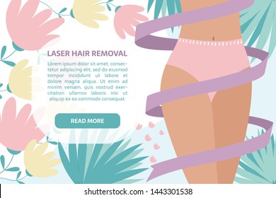 Spa, body care, moistened skin, laser hair removal, beauty procedure. Perfect hips with ribbon around on the abstract background with leaves and flowers.