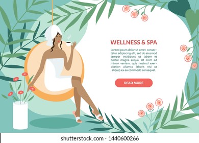 Spa, body care, wellness and health, natural beauty, summer resort banner concept. Woman sitting with tea or coffee near swimming pool and leaves on the abstract background with text area.