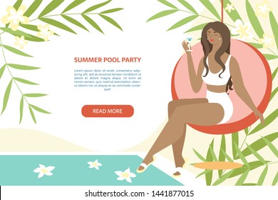 Spa, body care, wellness and health, natural beauty, summer resort banner concept. Woman sitting with coctail near swimming pool on the abstract background with the place for your text.