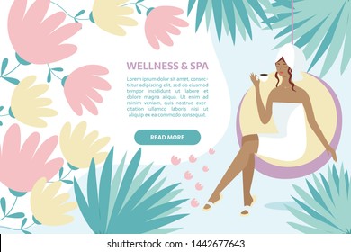 Spa, body care, wellness and health, natural beauty, summer resort banner concept. Woman sitting with coffee  on the abstract background with the place for your text.