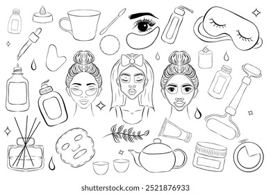  spa body, sugar beauty, skin woman, female beautician, removal treatment, face wax hair salon depilation black contour vector illustrations
