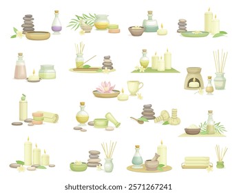 Spa Body Treatment with Oil and Aromatherapy Vector Set