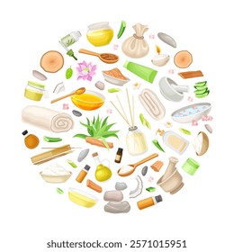 Spa Body Treatment Round Composition Design with Oil and Aromatherapy Vector Template