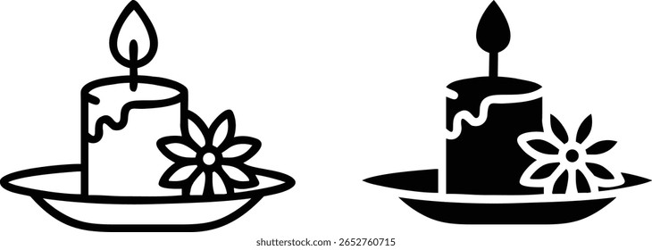 Spa Candle Icon Set – Black and White Vector Aromatherapy Candle with Flower Symbol for Relaxation and Wellness