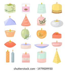 Spa candles. Aroma decoration items for relax room beeswax light colored candles recent vector flat pictures set