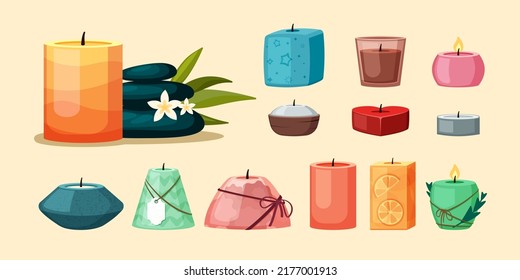spa candles. colored relax wax aroma candles for interior decoration aromatherapy items. Vector cartoon template isolated