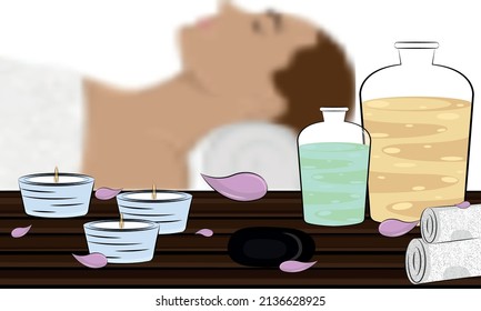 Spa candles and spa flask bottles Woman relaxing Spa Vector