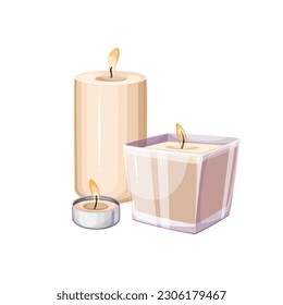 Spa candles vector illustration. Cartoon isolated wax pillar with flame on wick, scented candles in glass jar and small metal candlelight basket for aromatherapy, romantic decoration, meditation