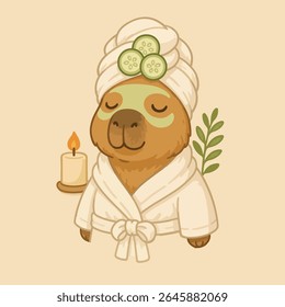 Spa Capybara, A charming illustration of a capybara enjoying a spa day, complete with cucumber slices, face mask, and a serene ambiance, offering a calming experience.
