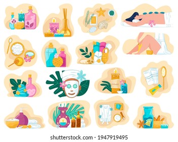 Terapia de cuidados termales, colección de ilustraciones vectoriales. Atención de lujo para mujeres adultas, tratamientos de spa en casa. Cosméticos de salón, accesorios