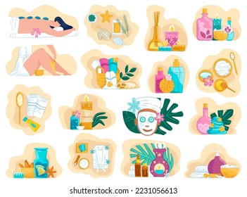 Spa care therapy, collection vector illustration. Luxury care for adult woman charcater, spa treatments at home. Salon cosmetics, accessories