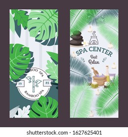 Spa center advertisement banner, vector illustration. Beauty salon promotion campaign, relaxing procedures, skincare treatment. Spa salon icon, healthcare center emblem. Wellness resort invitation