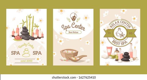 Spa center advertisement banner, vector illustration. Beauty salon invitation, brochure cover, booklet template. Relaxing spa procedures, skincare treatment. Wellness center promotion campaign flyer