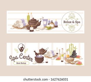 Spa center advertisement banner, vector illustration. Beauty salon invitation, brochure cover, booklet template. Relaxing spa procedure, skincare treatment. Wellness center accessories, icons, emblems