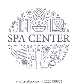 Spa center banner illustration with flat line icons. Essential oils, aromatherapy massage, turkish steam bath hamam sauna. Circle template thin linear signs body treatments.