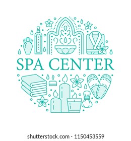 Spa center banner illustration with flat line icons. Essential oils, aromatherapy massage, turkish steam bath hamam sauna. Circle template thin linear signs body treatments.