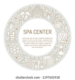 Spa center banner illustration with flat line icons. Essential oils, aromatherapy massage, turkish steam bath hamam sauna. Circle template thin linear signs body treatments.