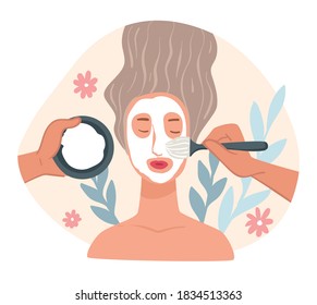 Centre de spa ou salon de beauté pour le rajeunissement de la peau du visage. Application d'un masque d'argile avec des pores de brosse, d'hydratation ou de nettoyage. Soins spécialisés et traitement professionnel, image vectorielle en plat