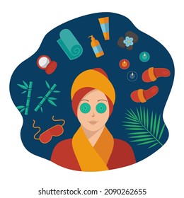 Spa center. Beauty saloon. Lady with a towel on her head. Flat vector illustrations.