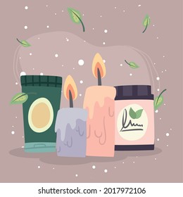 Spa center candles cream bottle and jar with leaves