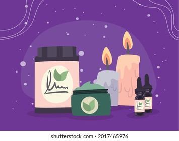Spa center candles jars and droppers on purple background