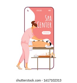 Spa center cartoon smartphone vector app screen. Mobile phone display with masseuse flat character design mockup. Pampering, skin treatment service. Beauty salon application telephone interface